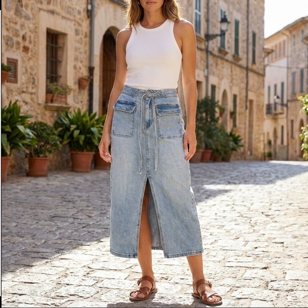 Rewash Womens Cargo Denim Maxi Skirt Size 3 Blue‎ Long High Rise Front Slit Y2K